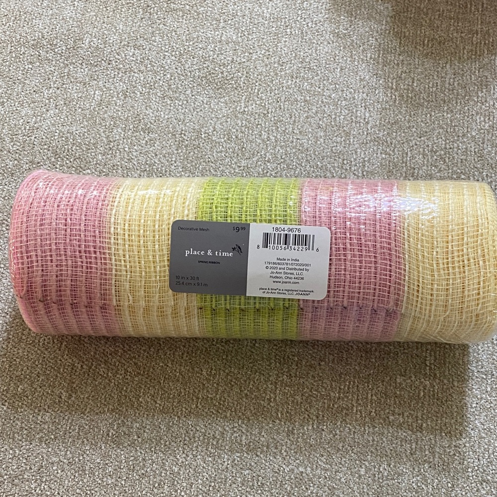 NWT 10in. x 30ft. Pastel Pink, Yellow, Green Striped Decorative Mesh